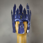 Black Diamond Midnight Blue Warrior Bauta Masquerade mask, with panel armor, metal findings and assorted polished gems. Inspired by medieval armor, this mask is particularly popular for men.  Handmade in the USA using traditional Venetian paper-mache technique. Lined with hypoallergenic stretch velvet for comfort.