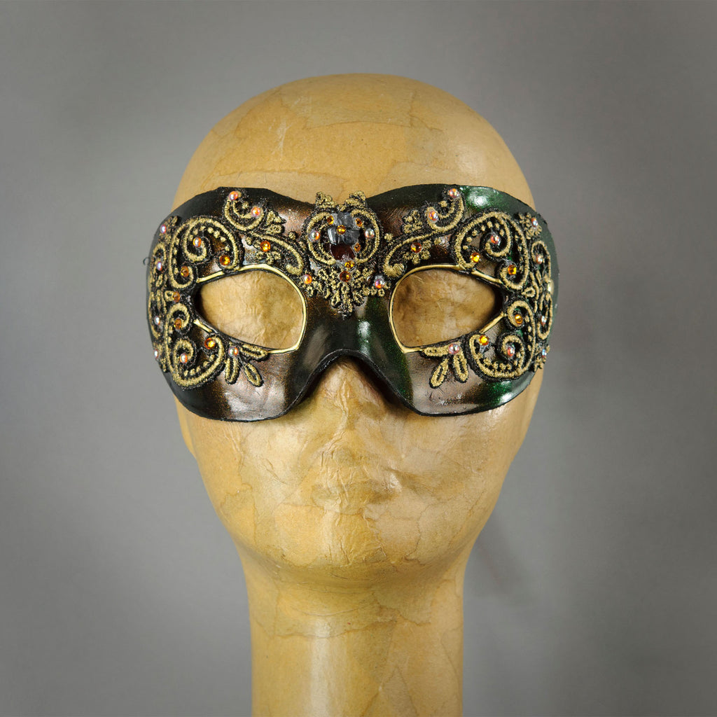 Bronze and gold lace eye mask with crystals and gems.