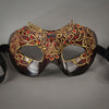 Ruby red lace masquerade mask with lacquered lace, Swarovski crystals and assorted polished gems. Detail