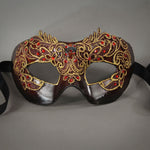 Ruby red lace masquerade mask with lacquered lace, Swarovski crystals and assorted polished gems. Detail