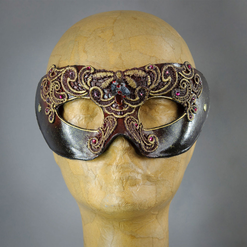 Metallic Russet Red Masquerade Mask with lacquered lace, Swarovski Crystals and assorted gems.