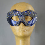 Purple and gold lacquered lace masquerade mask with crystals and gems