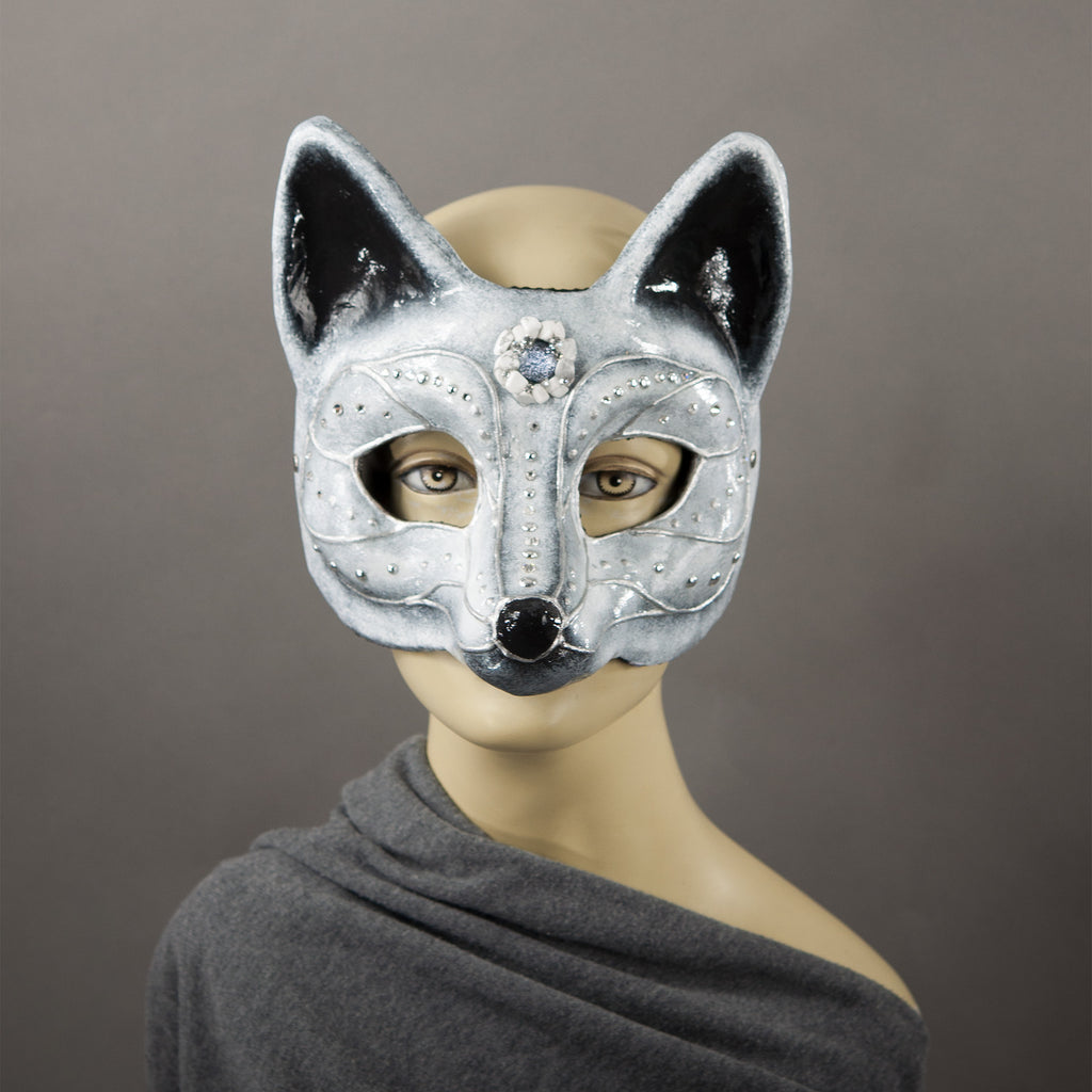 Arctic fox paper-mache masquerade mask, white and silver