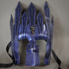 Black Diamond Midnight Blue Warrior Bauta Masquerade mask, with panel armor, metal findings and assorted polished gems. Inspired by medieval armor, this mask is particularly popular for men.  Handmade in the USA using traditional Venetian paper-mache technique. Lined with hypoallergenic stretch velvet for comfort. Detail.
