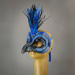 Blue Jay bird masquerade mask with goose feathers and assorted gems