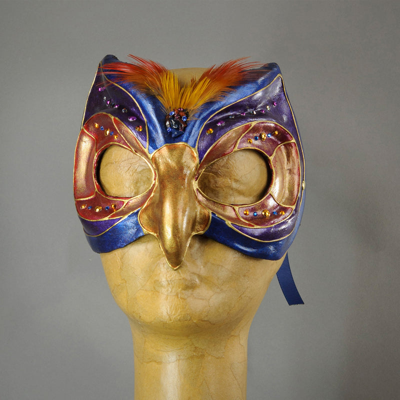 Blue Owl mask, paper-mache, feathers and gems