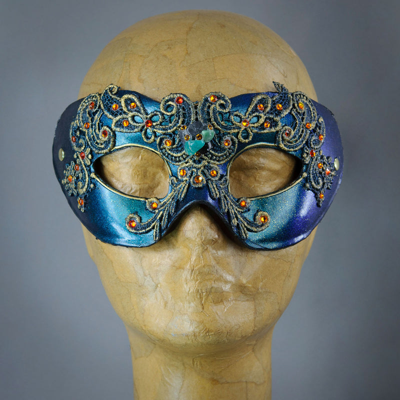 Emerald Green Masquerade Mask with Lace and Swarovski Crystals.