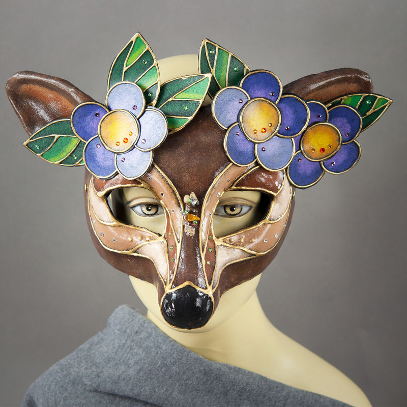 Deer Mask with paper-mache flowers, Swarovski crystals and assorted gems. Detail view.