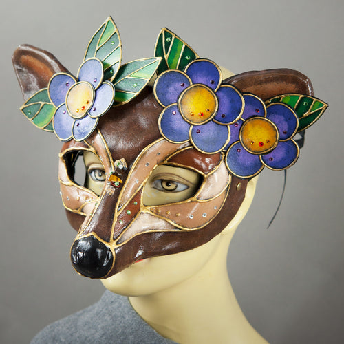 Deer Mask with paper-mache flowers, Swarovski crystals and assorted gems. Side detail view.