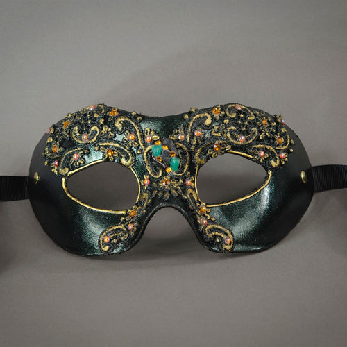 Forest Green Lace Masquerade Mask with gems and Swarovski crystals. Detail.