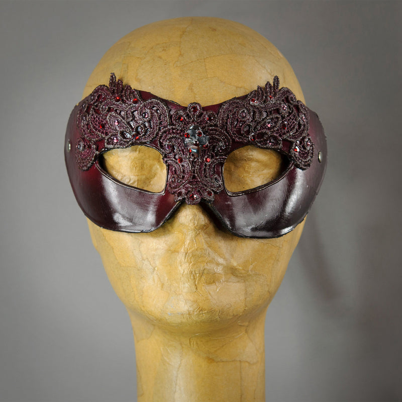 Garnet Red Lace Mask with crystals and gems.