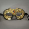 Gold and Black Lace Masquerade Mask with polished gems and Swarovski crystals. Detail.