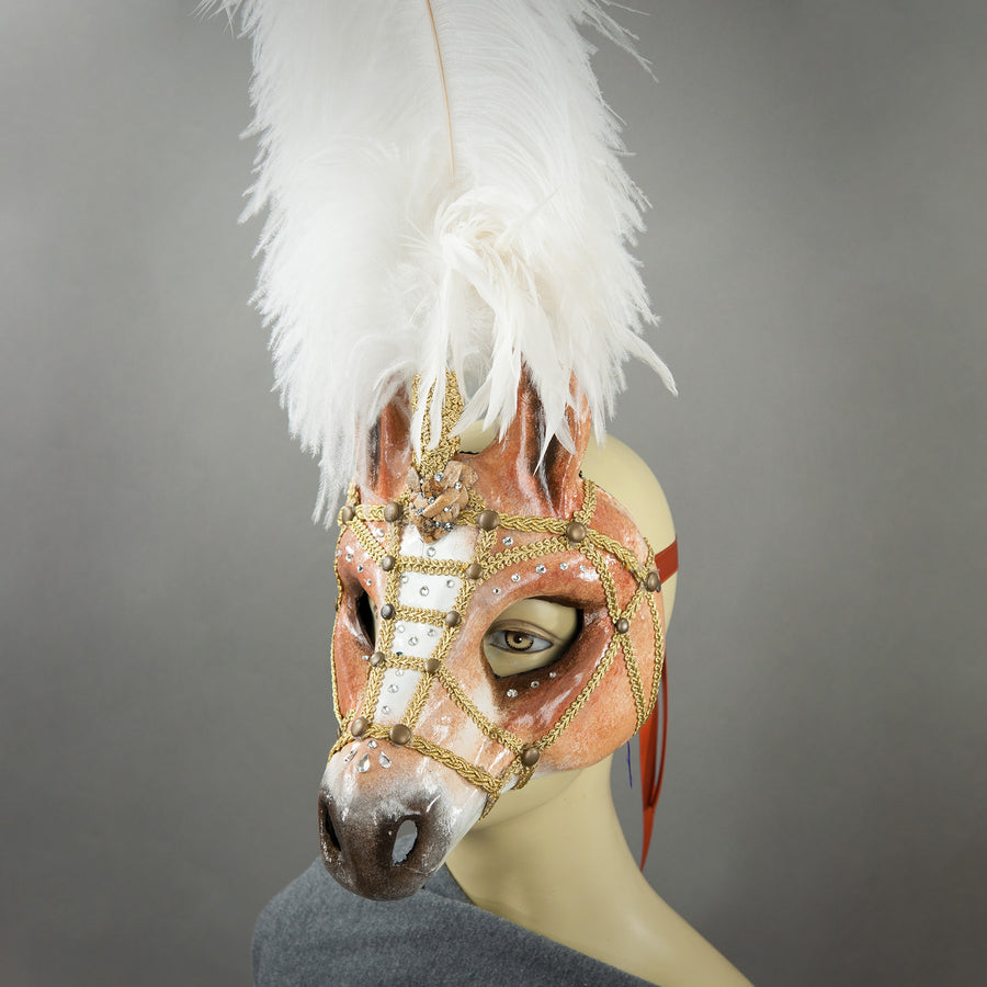 Palomino Horse Masquerade Mask with bridle and Ostrich plume Erik's