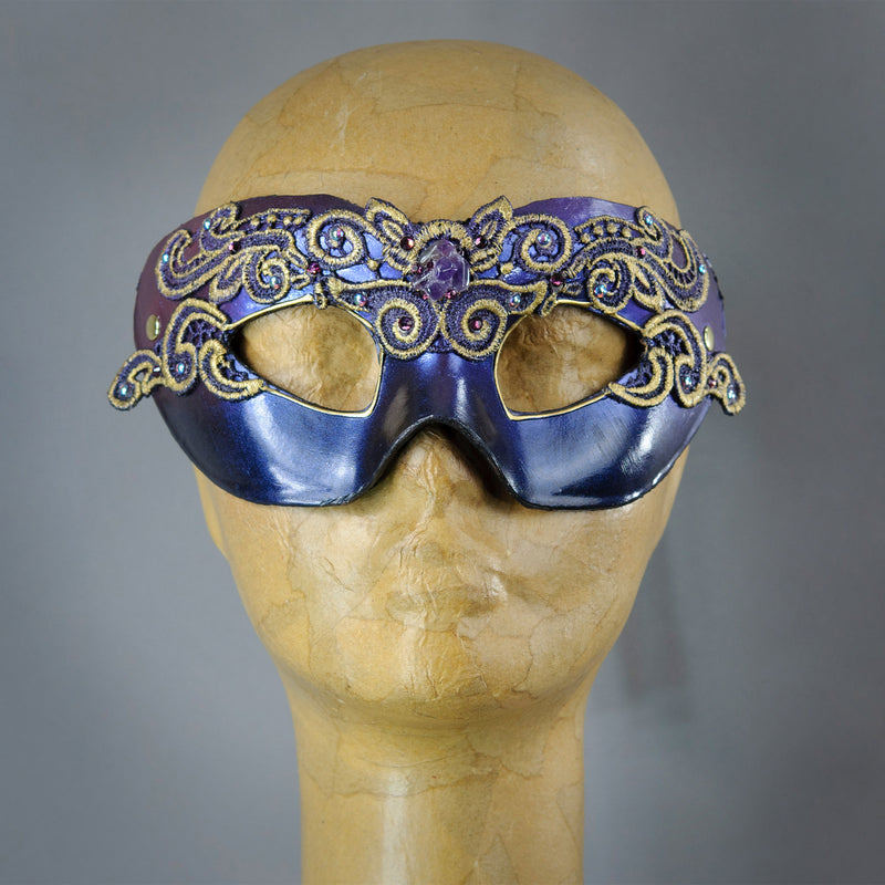 Plum and Black, Lace Columbina Masquerade Eye Mask with gold accents, Swarovski crystals and polished gemstones