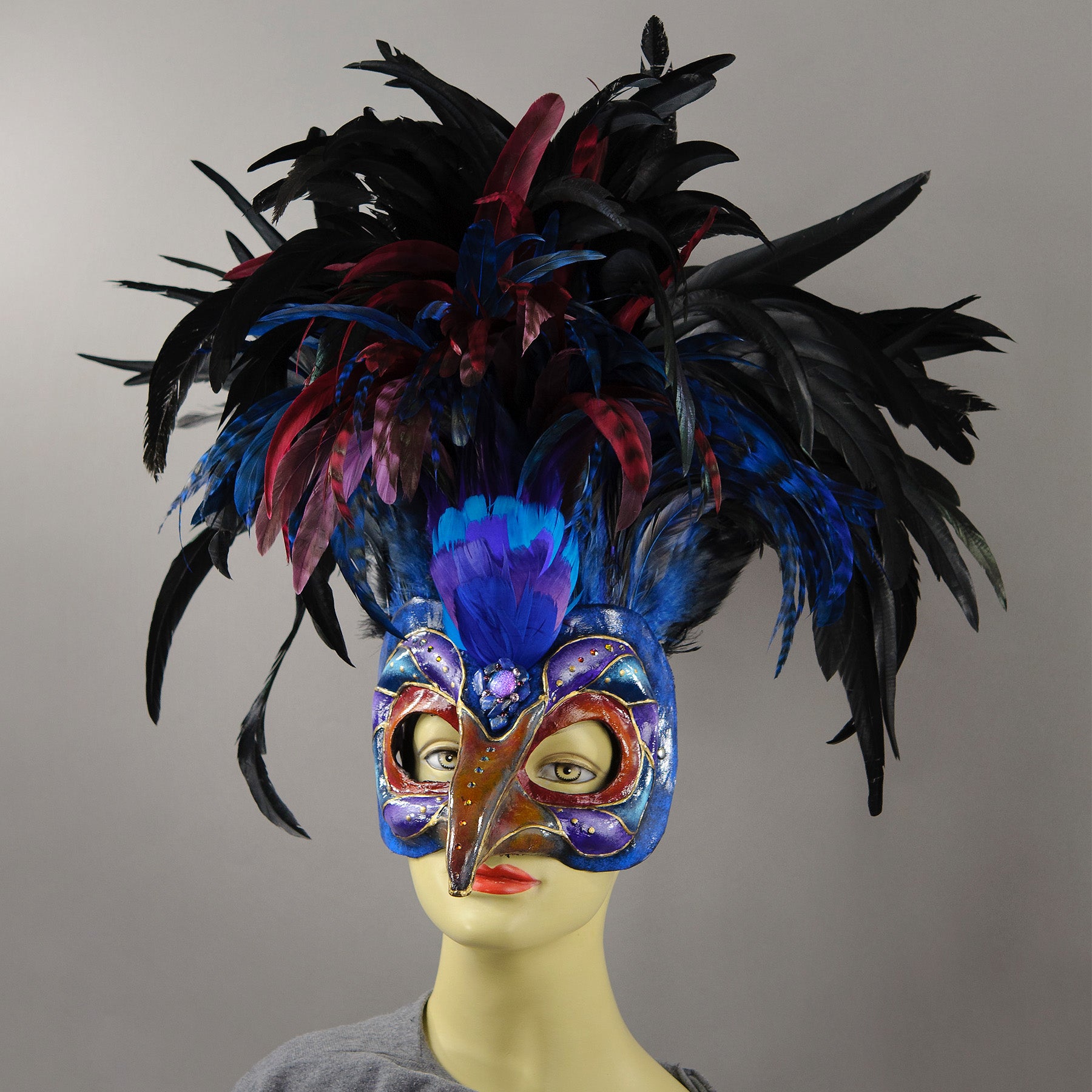Purple Magpie Bird Masquerade Mask with feather crest, Swarovski cryst ...
