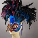 Purple Magpie Bird Masquerade Mask with feather crest, Swarovski crystals and assorted gem stones
