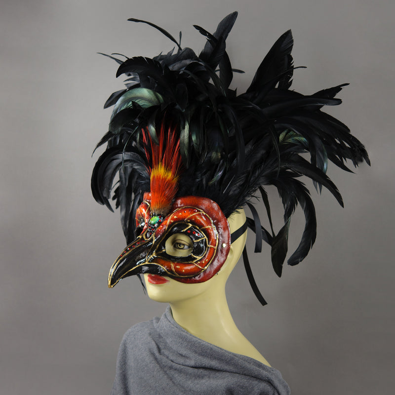 Red and Black Feathered Crow Masquerade Mask side view
