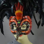 Red and Black Feathered Crow Masquerade Mask detail