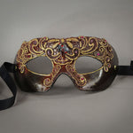 Metallic Russet Red Masquerade Mask with lacquered lace, Swarovski Crystals and assorted gems. Detail.