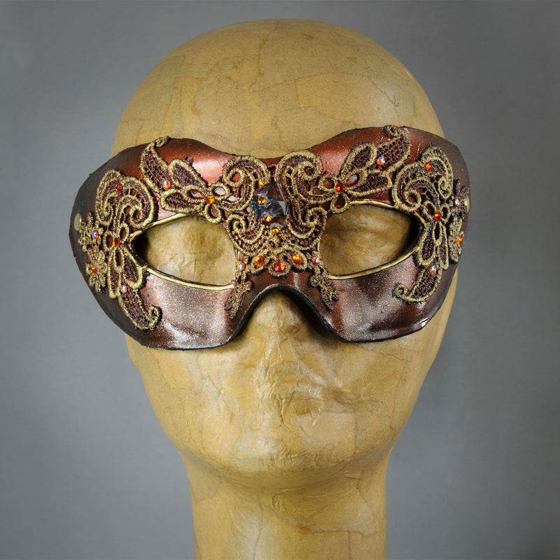 Metallic rust red lace mask with Swarovski crystals and assorted gems.