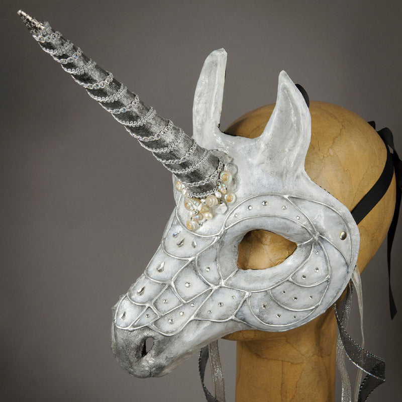 Silver and White Unicorn Masquerade Mask with Swarovski Crystals and assorted gems.