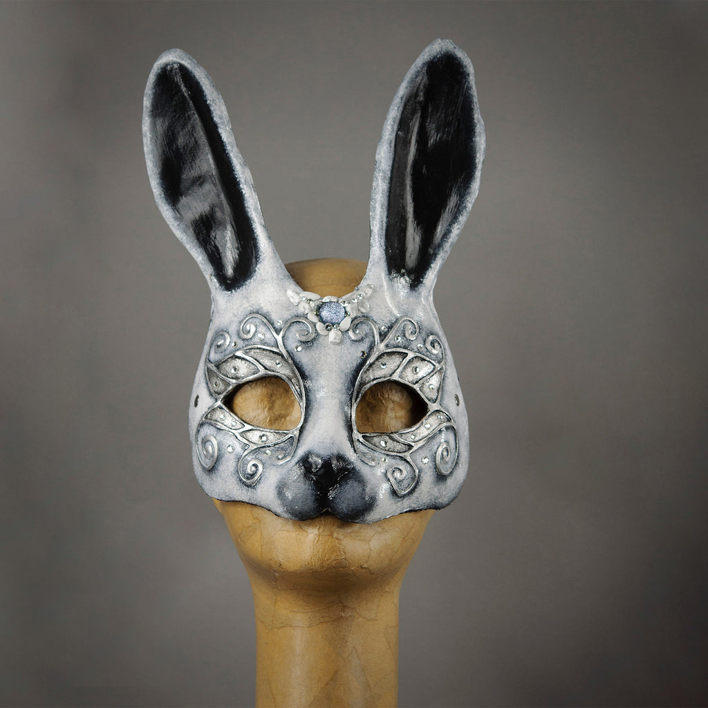 Black, White and Silver Bunny Rabbit Mask with Swarovski Crystals.
