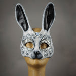 Black, White and Silver Bunny Rabbit Mask with Swarovski Crystals. Detail.