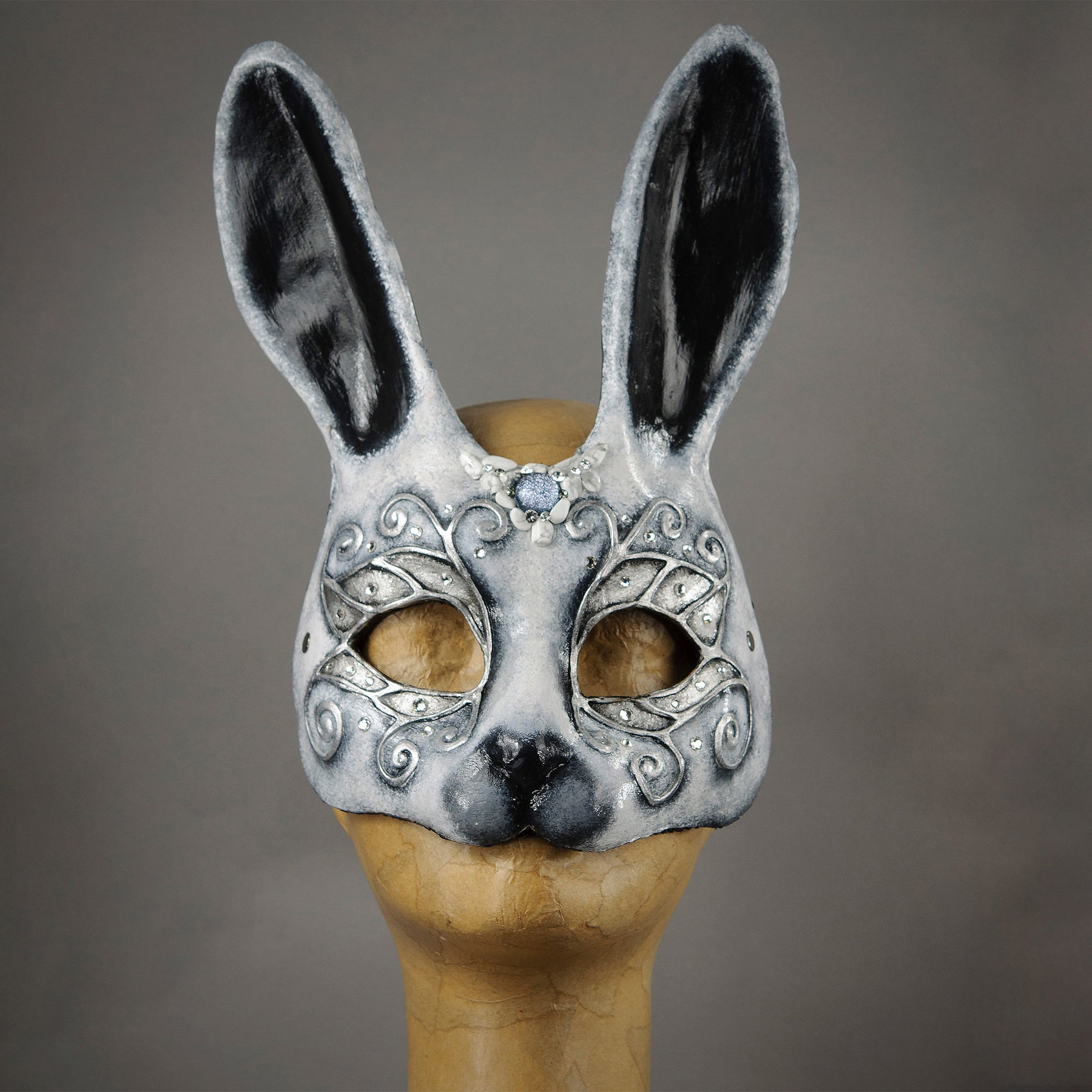 White Color Rabbit Mask White and Silver Bunny Rabbit Masquerade Mask with gems and Swarovski ...