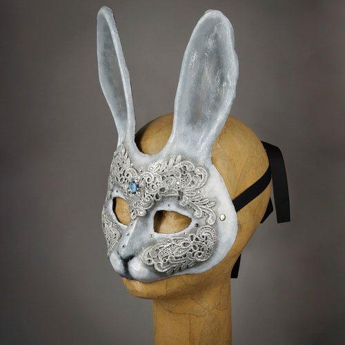 White and Silver Lace Bunny Rabbit Mask with Swarovski Crystals. Side view.