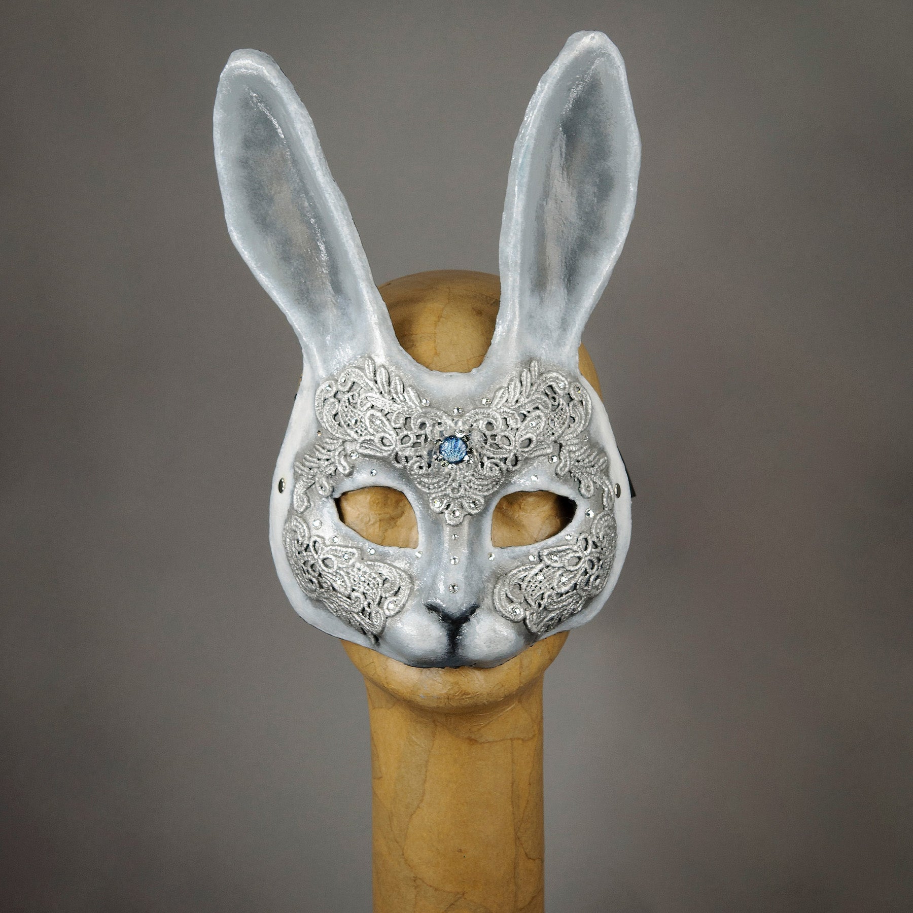 Masquerade Rabbit White and Silver Lace Bunny Rabbit Masquerade Mask with gems and Swaro ...